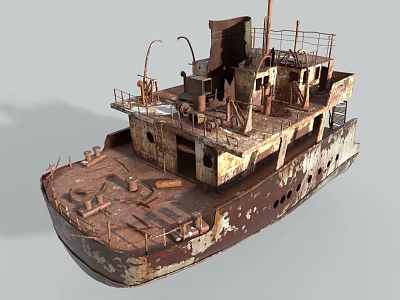 Rusted Abandoned Ship Structure With Weathered Deck And Metal Railings 3d model