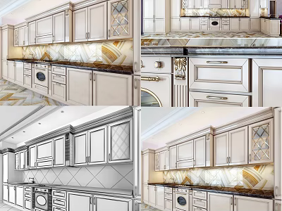 Elegant Modern Kitchen Cabinets With Marble Countertops And Decorative Doors 3d model