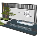Zen Garden Feature Wall With Flowing Water Potted Pine And Circular Decorative Screen 3d model