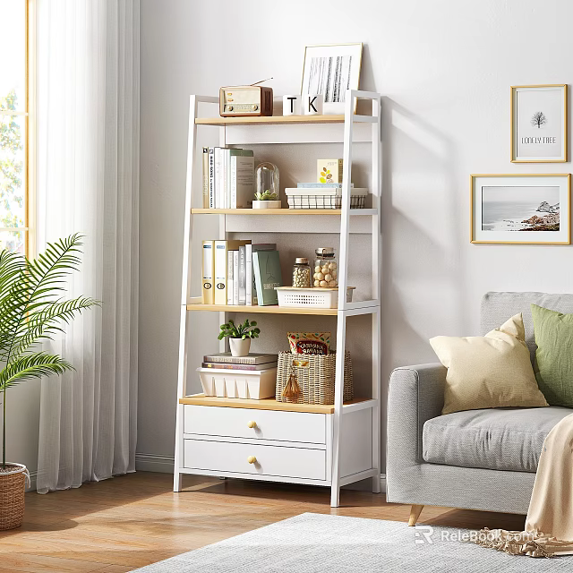 Modern Cozy Living Room Multilayer White and Wood Storage Shelf Organizing Books Decorations and Plants 3d model 