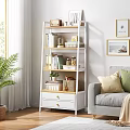 Modern Cozy Living Room Multilayer White and Wood Storage Shelf Organizing Books Decorations and Plants