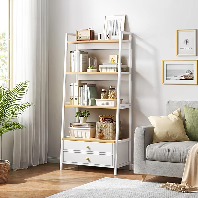 Modern Cozy Living Room Multilayer White and Wood Storage Shelf Organizing Books Decorations and Plants 3d model