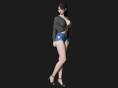Woman Wearing Striped Shirt And Denim Shorts With High Heels On Black Background 3d model
