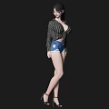 Woman Wearing Striped Shirt And Denim Shorts With High Heels On Black Background 3d model