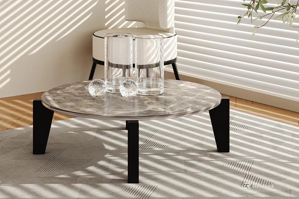 Modern Marble Coffee Table With Black Legs And Glassware On Top 3d model 