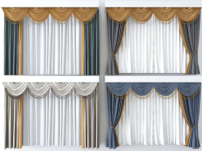 Elegant Curtains With Gold Blue White Hues Pleated Draped Design And Decorative Borders 3d model