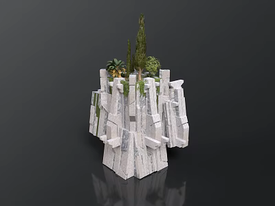 Artistic White Stone Tower Structure With Palm Trees And Green Plants 3d model