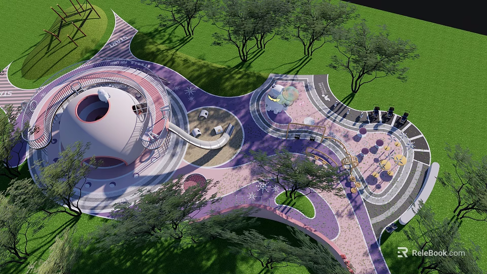 Modern Garden Landscape With Decorative Curved Pathways Circular Structure Green Lawns Trees And Seating Areas 3d model 