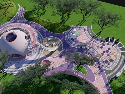 Modern Garden Landscape With Decorative Curved Pathways Circular Structure Green Lawns Trees And Seating Areas 3d model