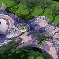 Modern Garden Landscape With Decorative Curved Pathways Circular Structure Green Lawns Trees And Seating Areas