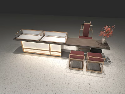 Modern Wooden Display Shelves With Built In Lighting Red Chairs And Decorative Flower Vase 3d model