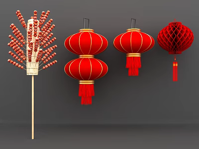 Traditional Red Hanging Ornaments with Chinese Lanterns and Mesh Design 3d model