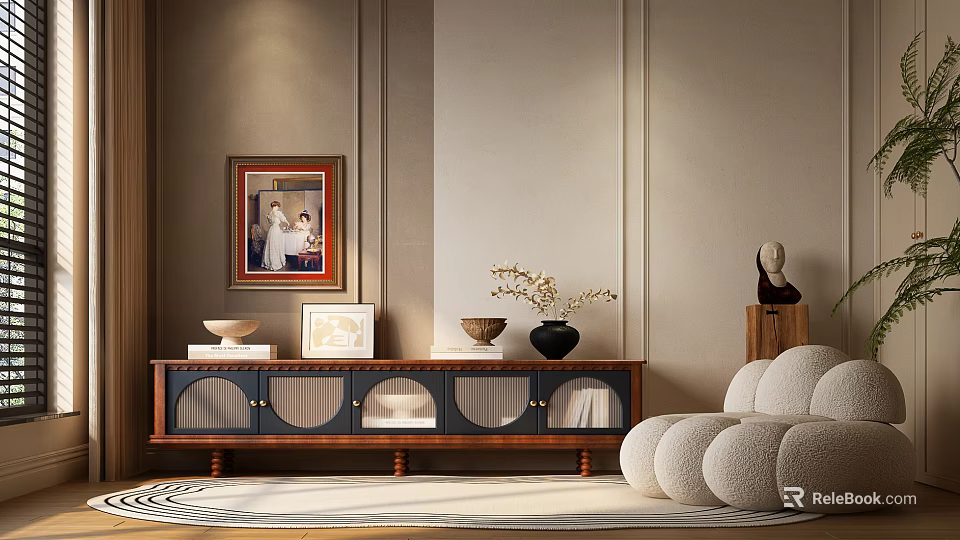 Modern Wooden TV Cabinet with Decorative Vase Sculpture and Framed Art in Living Room 3d model 