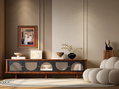 Modern Wooden TV Cabinet with Decorative Vase Sculpture and Framed Art in Living Room 3d model