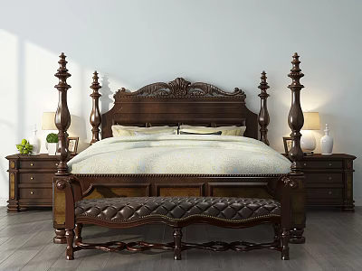 Classic Double Bed With Carved Headboard Tall Poster Bedposts Nightstands With Table Lamps and Footstool 3d model