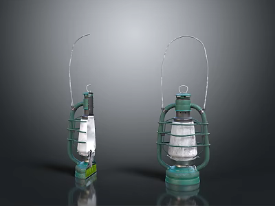 Two Green Vintage Kerosene Lanterns With Metal Frame And Glass Shade 3d model