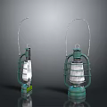 Two Green Vintage Kerosene Lanterns With Metal Frame And Glass Shade