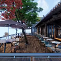 Traditional Chinese Ancient Interior With Blue Calligraphy Banners Wooden Beams And Stone Tables