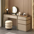 Modern Dressing Table With Round Mirror Table Lamp And Beige Round Stool 3d model
