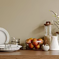 White Dinnerware Set With Plates Glassware Fruit Bowl And Glass Jars On Wooden Shelf