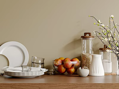 White Dinnerware Set With Plates Glassware Fruit Bowl And Glass Jars On Wooden Shelf 3d model
