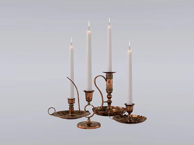 Brass Candle Holders With White Candles Ornate Design And Decorative Trays 3d model