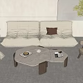 Modern Light Gray Sofa and Coffee Table Set with Pleated Design Marble Top Brown Cushion