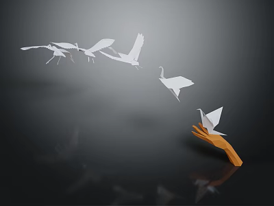Decorative Ornament Combination with Paper Cranes and Hand Shaped Sculpture on Dark Background with Reflections 3d model