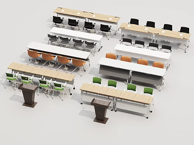 Varied Conference Tables With Black Orange Green Chairs And Wooden Podium 3d model