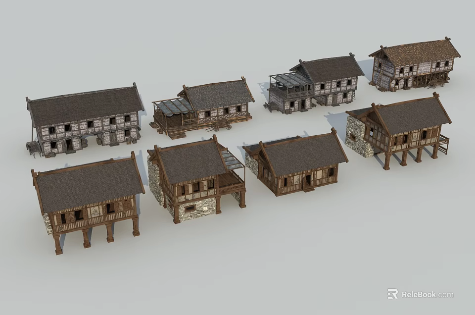 Traditional Style Single Family Houses With Wooden Structure And Gray Roof Designs 3d model 