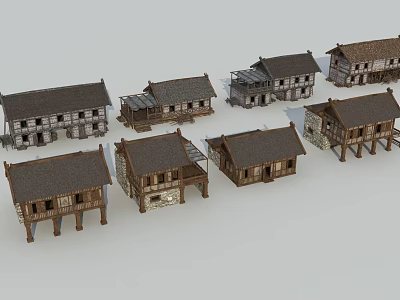 Traditional Style Single Family Houses With Wooden Structure And Gray Roof Designs 3d model
