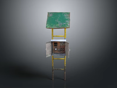 Rusty Vintage Outdoor Structure With Green Roof Yellow Ladder Frame And Small Door Box 3d model