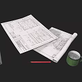 Architectural Plans With Tape Measure Pencil And Green Mug For Daily Use
