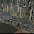 Modern Commercial Street With Waterfront Pedestrian Area And High Rise Buildings