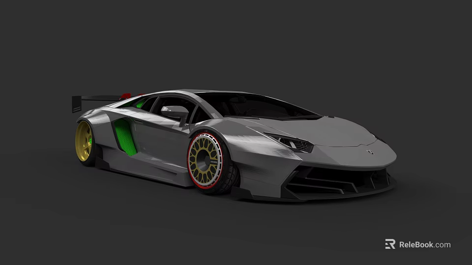 Sleek Gray Sports Car Featuring Green Accents Gold Wheels And Aerodynamic Design 3d model 