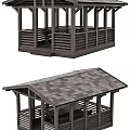 Wooden Gazebo With Sloped Roof Supporting Posts And Railed Sides For Outdoor Garden Area