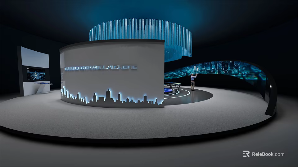 Generali Global Exhibition Booth With Circular Design Blue Lighting And City Skyline 3d model 