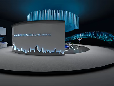 Generali Global Exhibition Booth With Circular Design Blue Lighting And City Skyline 3d model