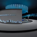 Generali Global Exhibition Booth With Circular Design Blue Lighting And City Skyline