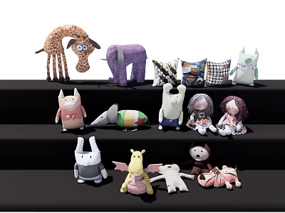 Colorful Assorted Plush Stuffed Animal Character Toys on Black Display Shelves 3d model