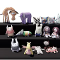 Colorful Assorted Plush Stuffed Animal Character Toys on Black Display Shelves