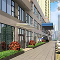 Modern Commercial Street Building Exterior With Glass Windows Blue Awning Surrounding Trees And Street Cars