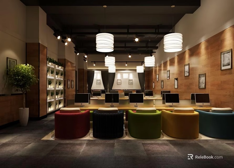 Modern Public Office Area Interior With Colorful Seats Computers Wall Art And Pendant Lights 3d model 