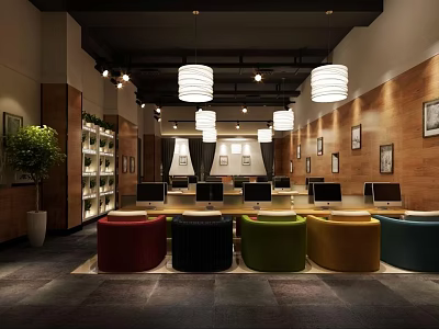 Modern Public Office Area Interior With Colorful Seats Computers Wall Art And Pendant Lights 3d model