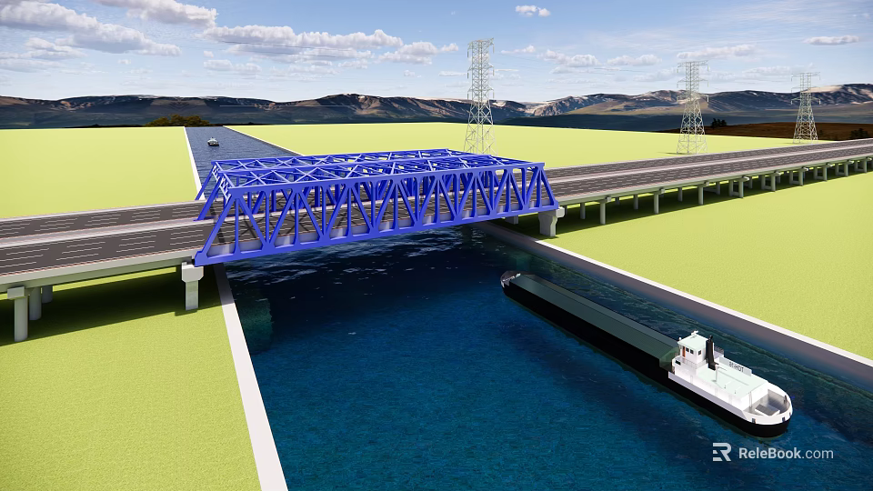 Blue Steel Structure Bridge Over Water With Boat Roads Green Fields And Mountains 3d model 