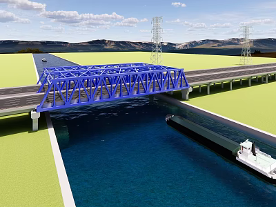 Blue Steel Structure Bridge Over Water With Boat Roads Green Fields And Mountains 3d model