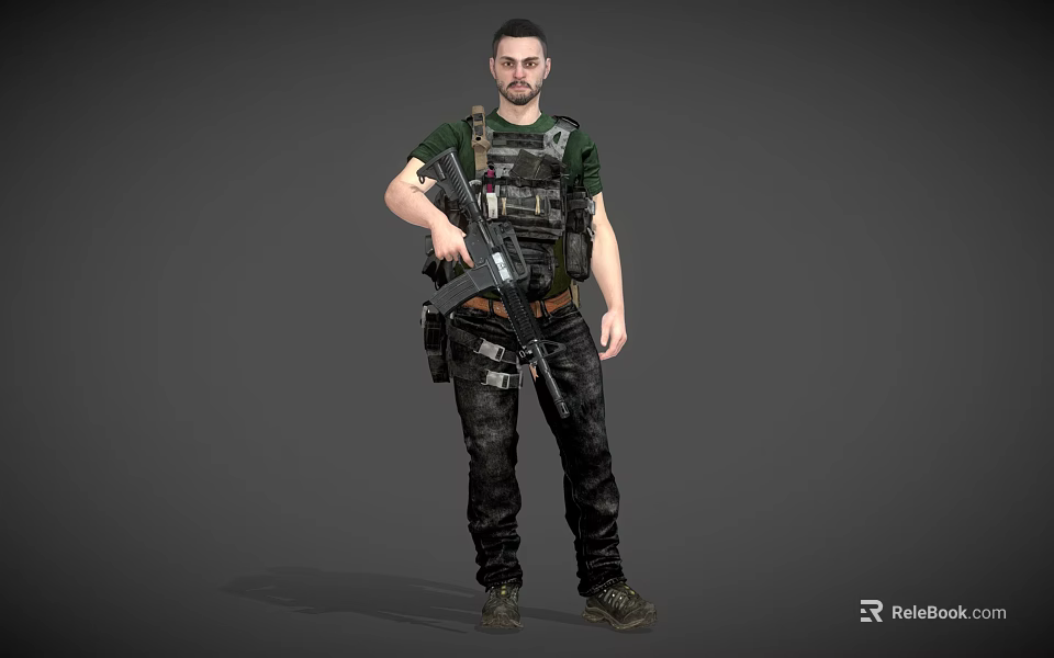 Military Male Character With Rifle In Tactical Vest Green T Shirt And Black Pants 3d model 