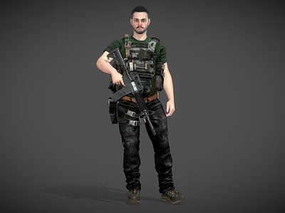Military Male Character With Rifle In Tactical Vest Green T Shirt And Black Pants 3d model