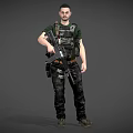 Military Male Character With Rifle In Tactical Vest Green T Shirt And Black Pants