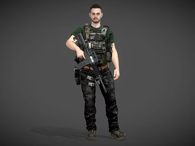 Military Male Character With Rifle In Tactical Vest Green T Shirt And Black Pants 3d model